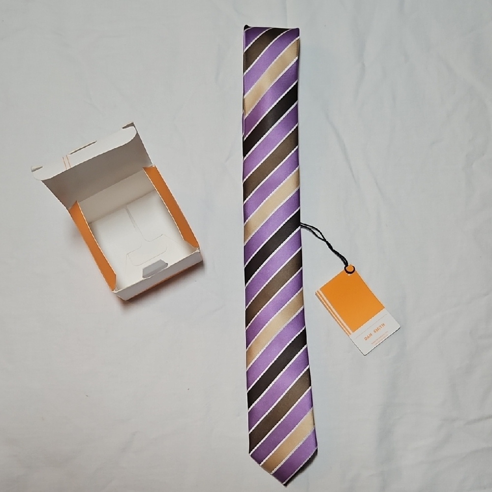 NEW Dan Smith Skinny Neck Tie in Gift Box Striped Purple & Brown Tan Necktie